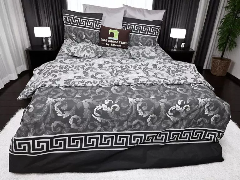 Lenjerie de pat negru cu gri, 6 piese, cearsaf 240 x 260, 100% bumbac ranforce