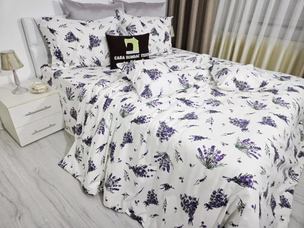 Lenjerie de pat cu flori de lavanda, bumbac ranforce, set pentru pat dublu