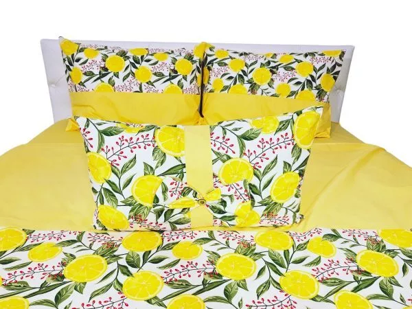 Lenjerie de pat galben cu lamai, 5 piese, bumbac ranforce, cearsaf 230x250