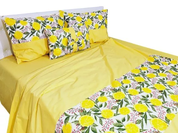 Lenjerie de pat galben cu lamai, 5 piese, bumbac ranforce, cearsaf 230x250