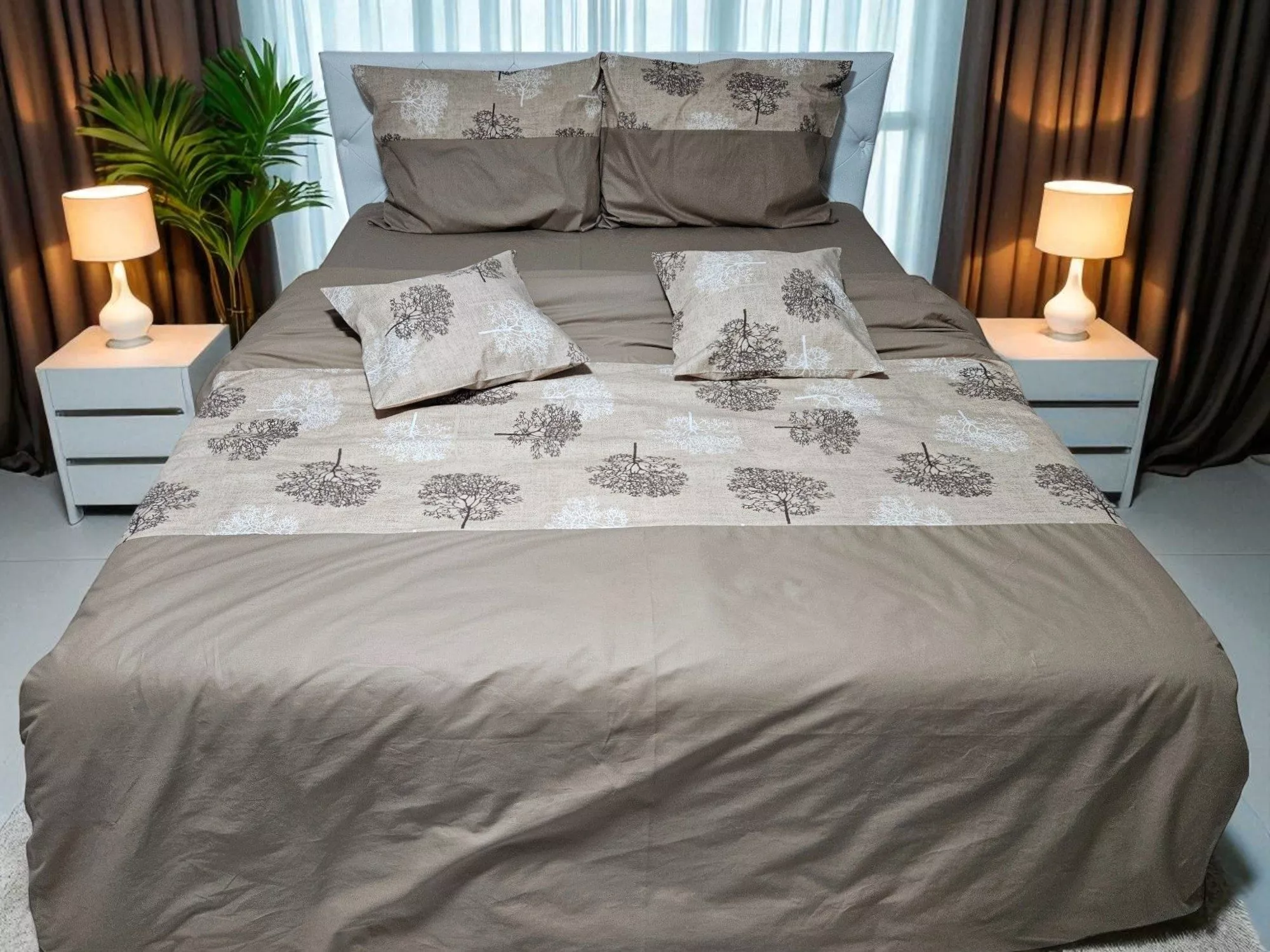 Lenjerie de pat maro cafeniu, 6 piese, model copaci, 100% bumbac ranforce Lenjerie de pat maro cafeniu, 6 piese, model copaci, 100% bumbac ranforce