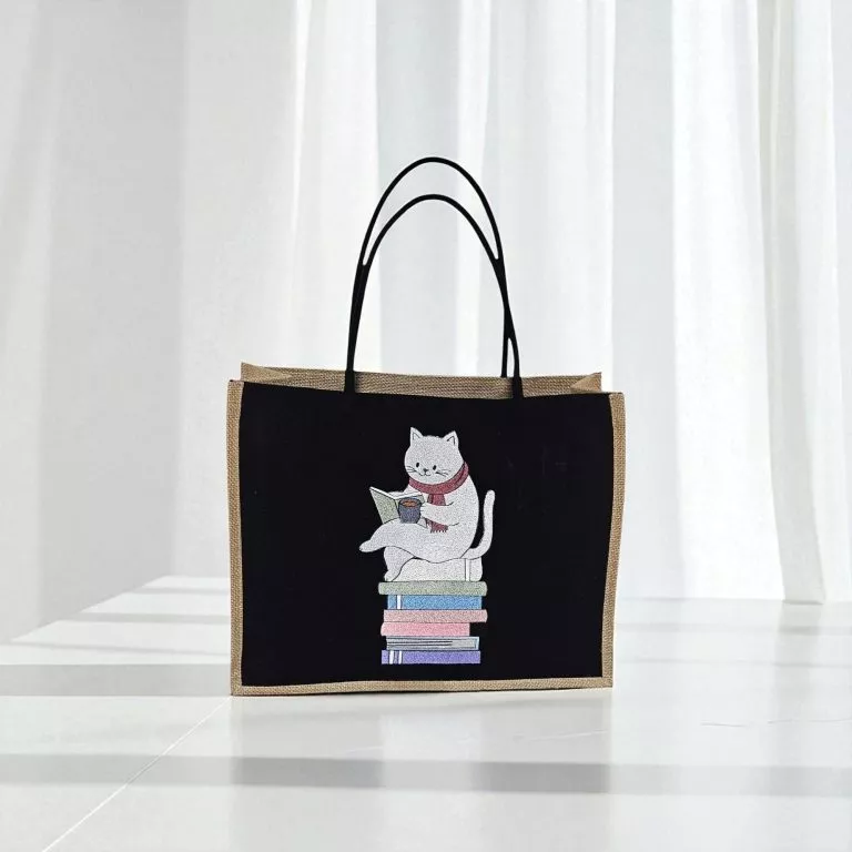 Geanta shopper cu broderie, 40 x 32 x 18 cm pisica