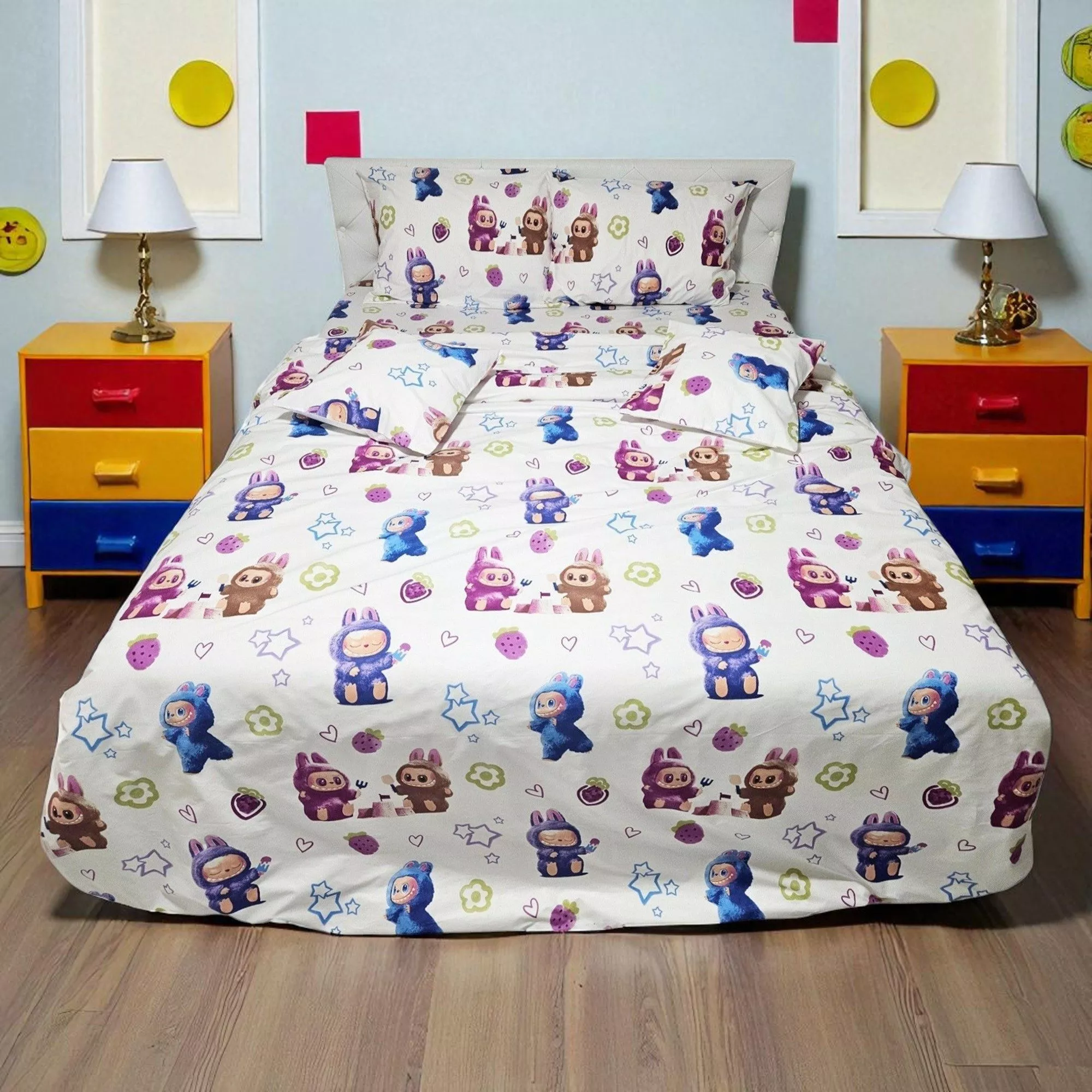 Lenjerie de pat imprimeu LaBubu, 6 piese, cearsaf 240 x 260 cm, 100% bumbac ranforce Cadouri utile pentru copii, lenjerie de pat cu model la bubu