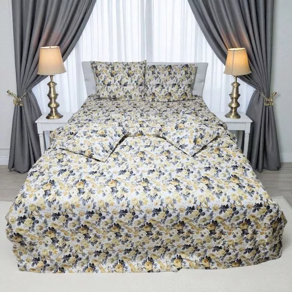 Lenjerie de pat cu flori galbene, 240 x 260 cm, 6 piese, 100% bumbac ranforce