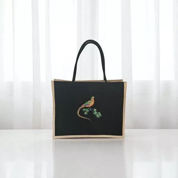 Sacosa cumparaturi cu fazan, 41 x 33 x 18, broderie, 100% bumbac doc- iuta