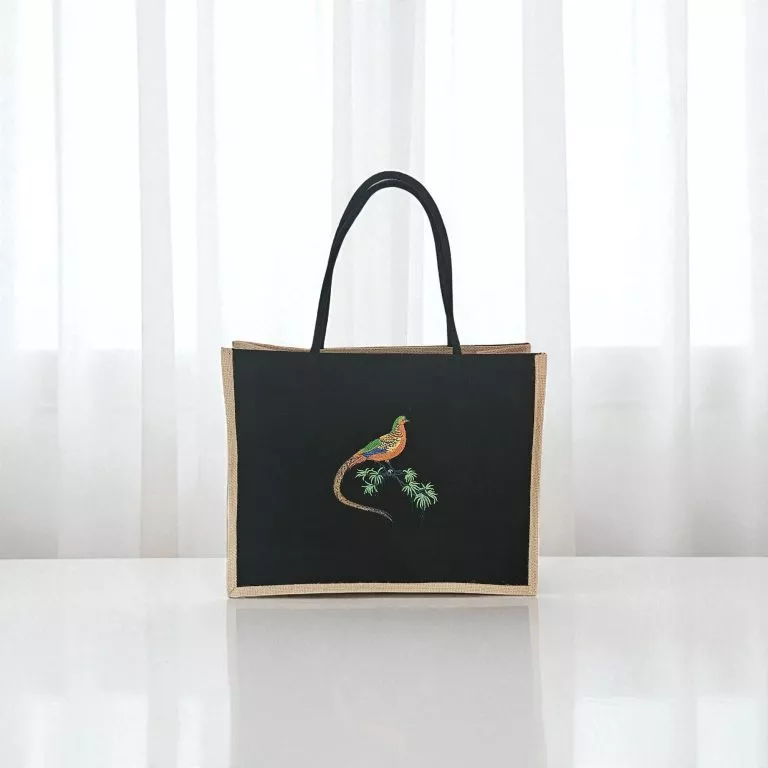 Sacosa cumparaturi cu fazan, 41 x 33 x 18, broderie, 100% bumbac doc- iuta