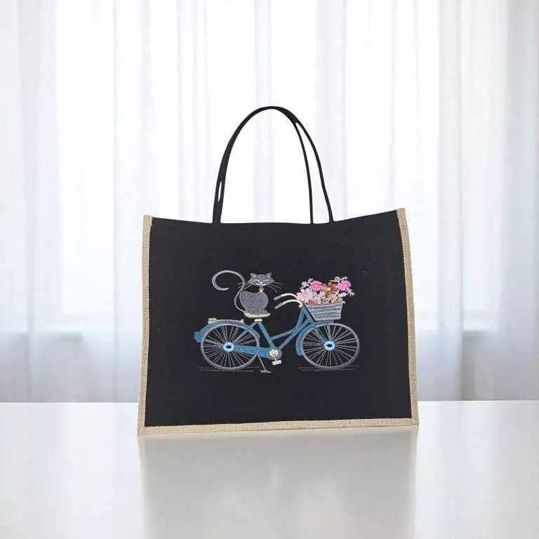 Geanta shopper neagra, 40 x 32 x 18 cm, model broderie,bumbac doc -iuta