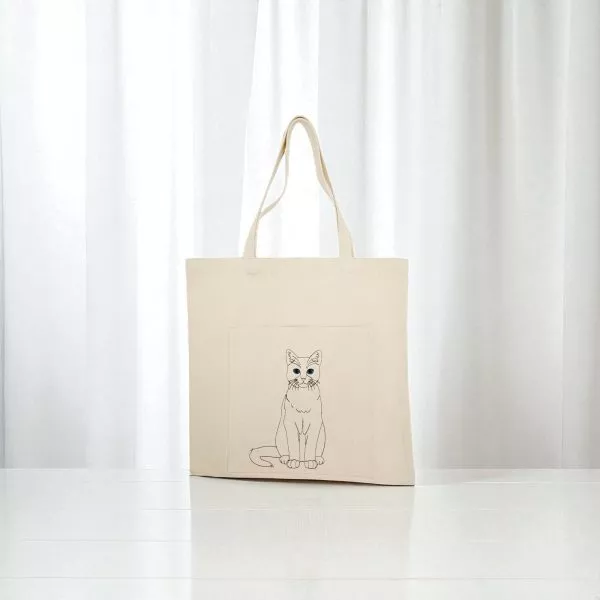 Sacosa textila cu pisica, 45 x 45 cm, broderie, 100% bumbac doc